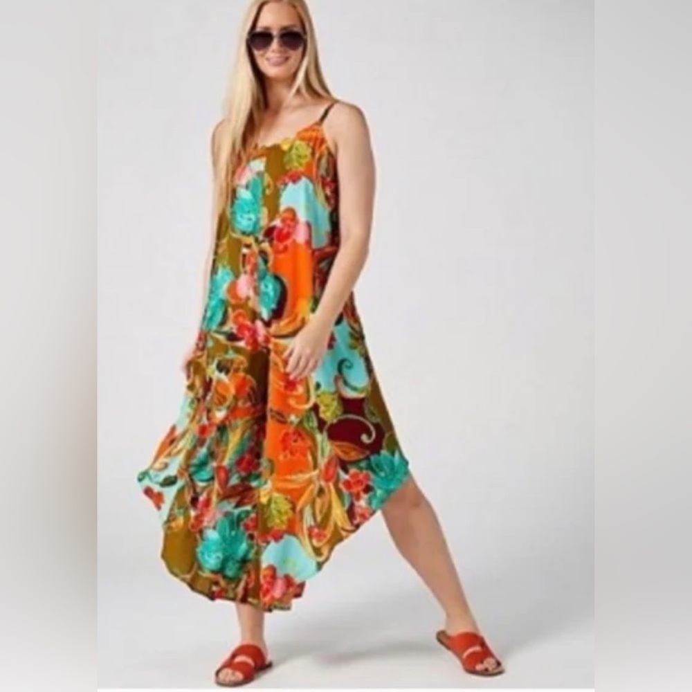 MSK State Women’s Gaucho Jumpsuit Olive Combo Tropical Floral L